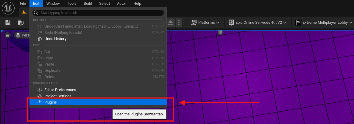 Unreal Editor Edit Plugins menu