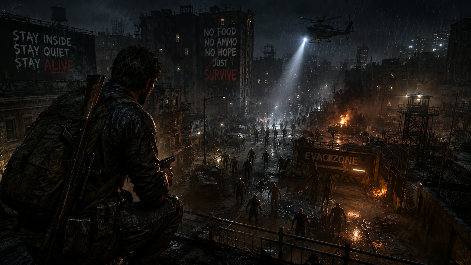 One More Day — rooftop view over an EVAC ZONE during a rainy night horde